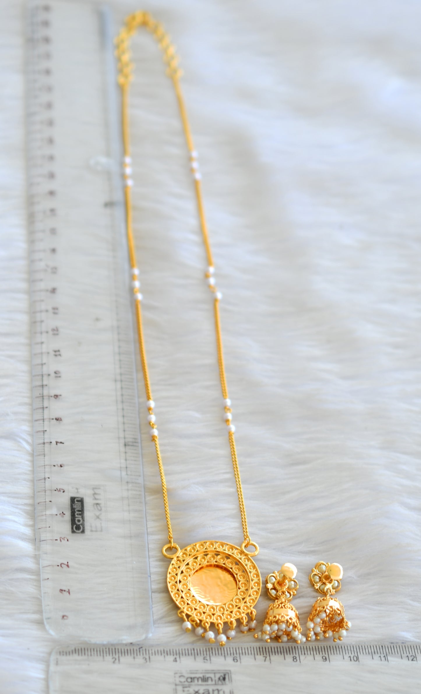 Gold tone pearl beads lakshmi pendant set dj-42839
