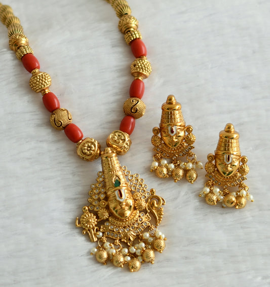 Matte finish cz-green coral beaded sri thirumal necklace set dj-49530