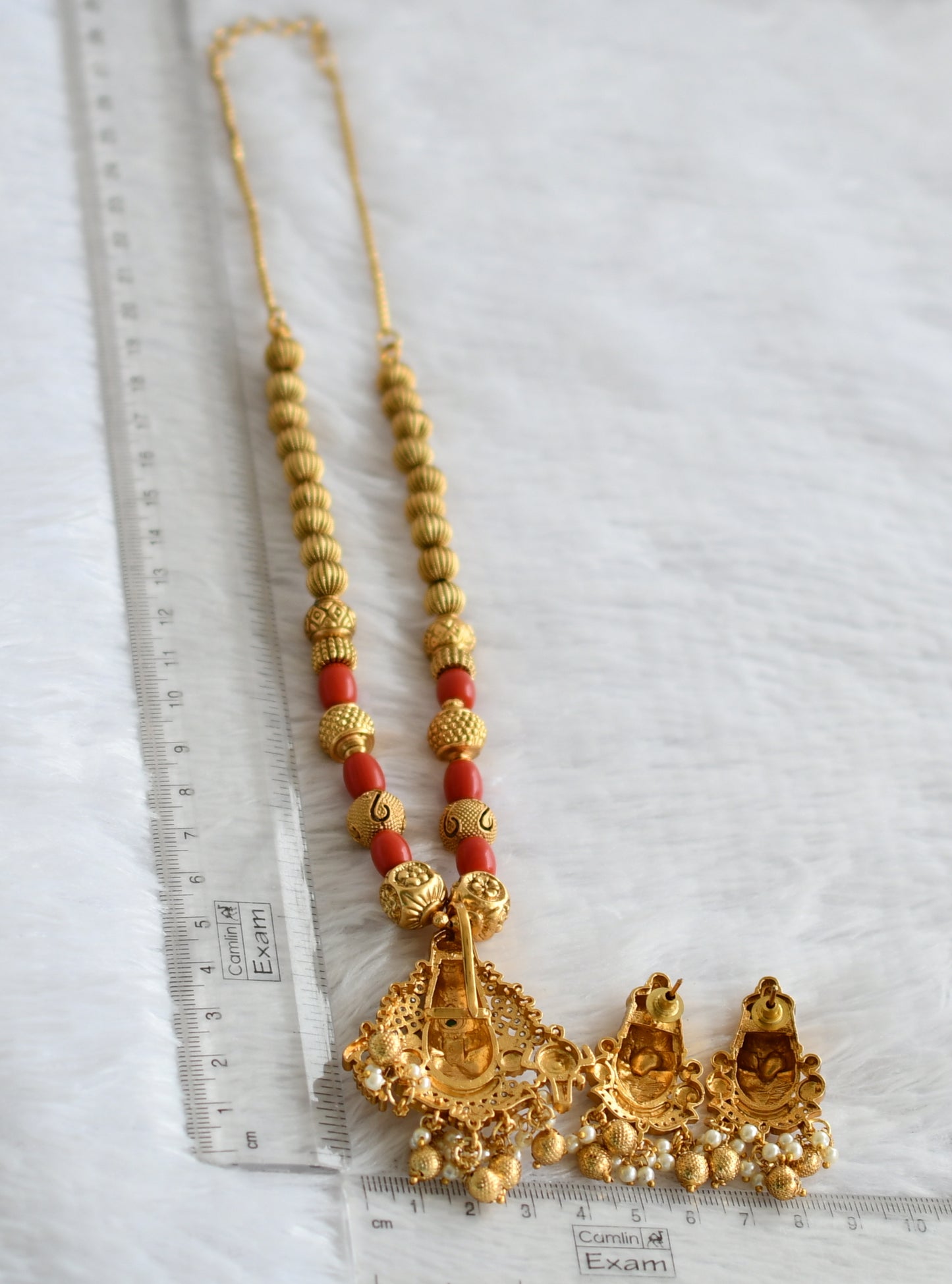 Matte finish cz-green coral beaded sri thirumal necklace set dj-49530
