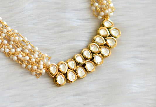Gold tone white kundan pearl chain necklace set dj-42837