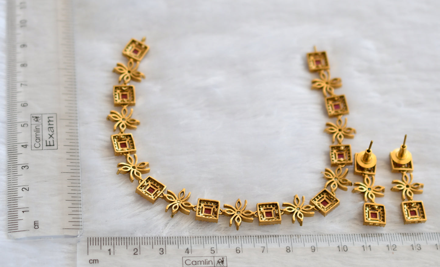 Matte finish cz white-magenta pink flower block stone necklace set dj-46128