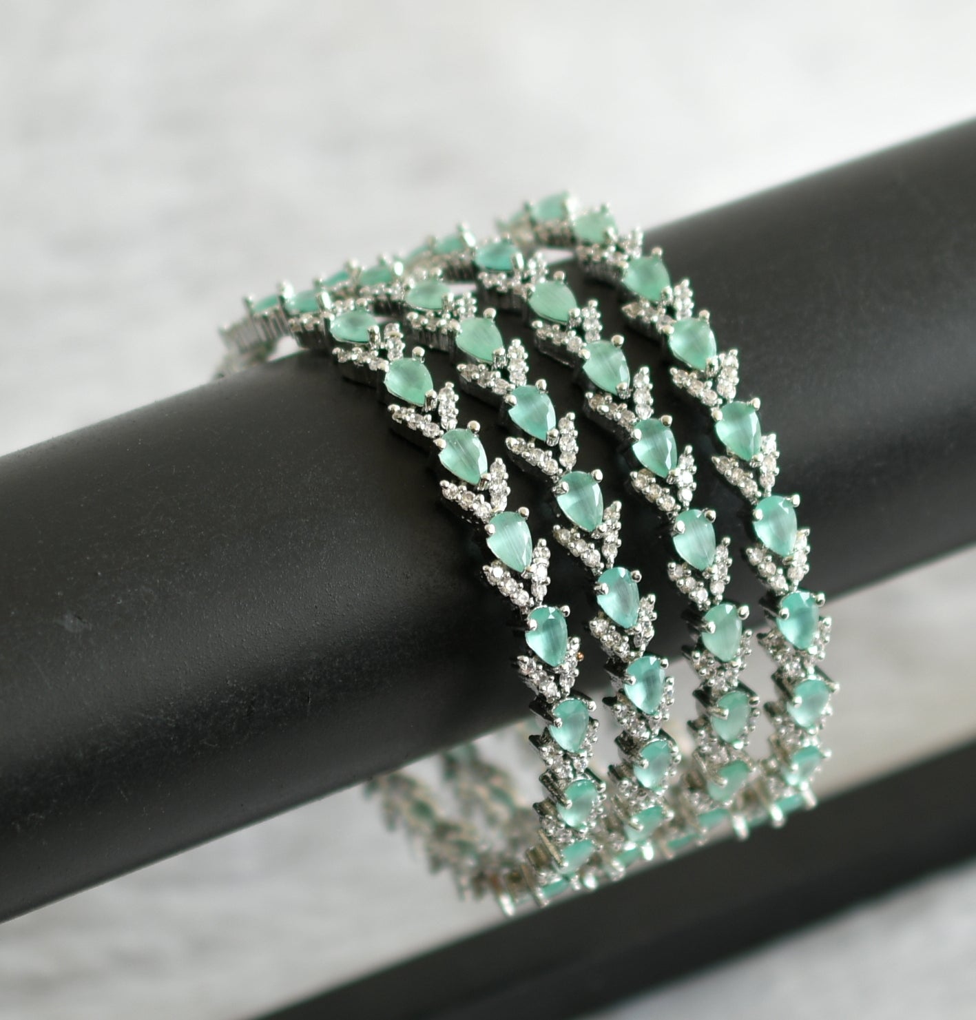Silver tone cz sea green-white thilak stone set 4 bangles(2.8) dj 