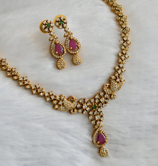 Matte finish cz ruby-green-white peacock necklace set dj-46134