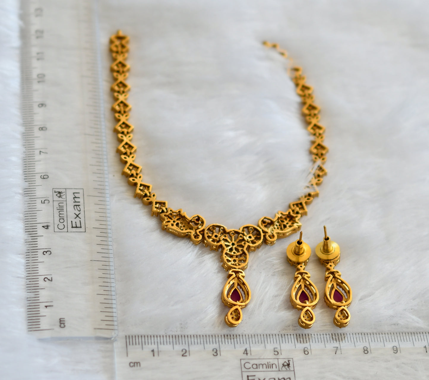 Matte finish cz ruby-green-white peacock necklace set dj-46134