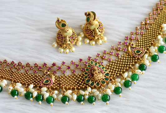 Matte finish ruby-green pearl-green beaded lakshmi-peacock choker necklace set dj-44344