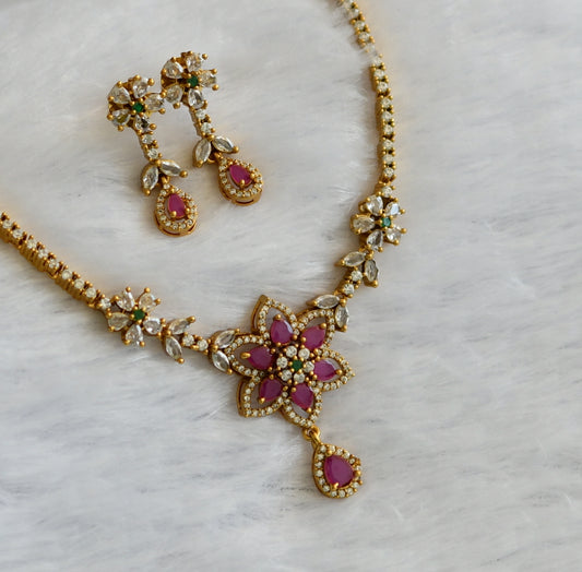 Matte finish cz ruby-green-white flower necklace set dj-46135