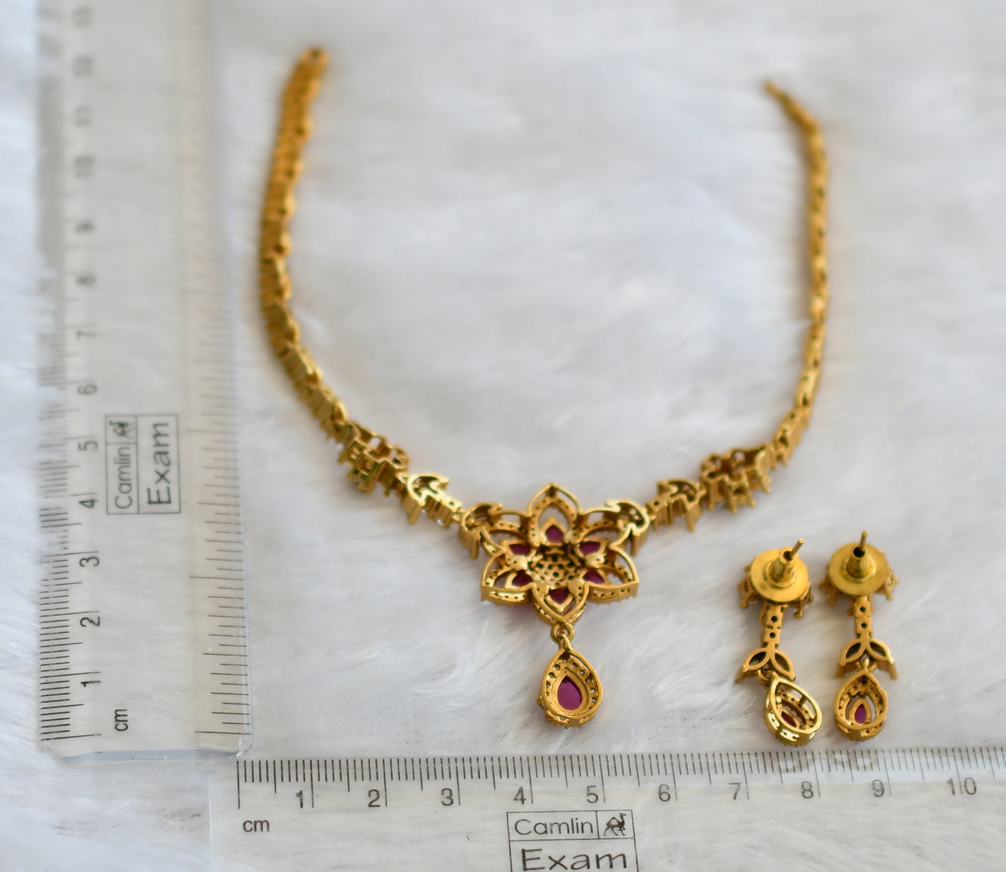 Matte finish cz ruby-green-white flower necklace set dj-46135