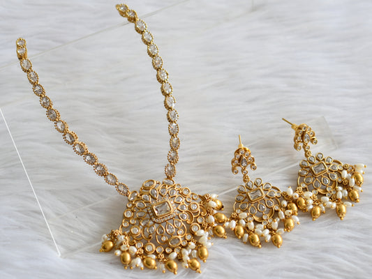 Matte finish cz white rice pearl block stone necklace set dj-44338