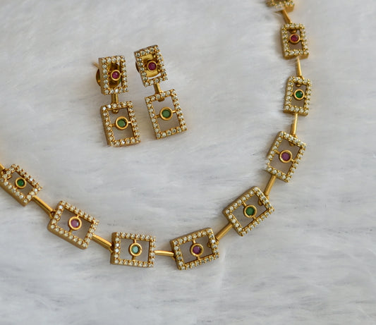 Matte finish ruby-green-white block necklace set dj-46143
