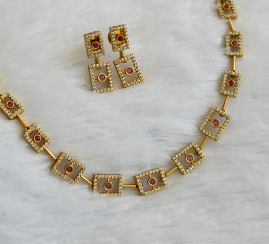 Matte finish ruby-white block necklace set dj-46144