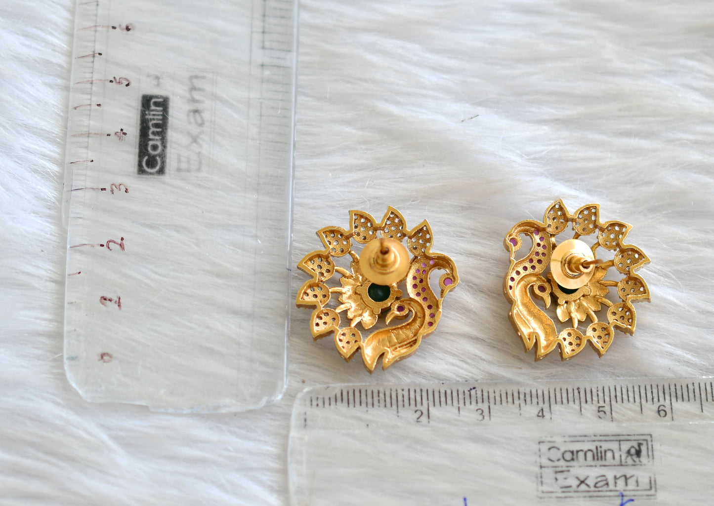 Matte finish cz white-emerald-ruby peacock earrings dj-42880