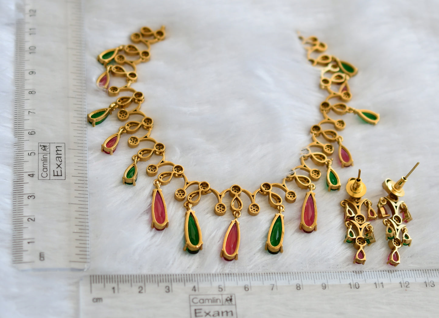 Matte finish cz magenta pink-green-white stone necklace set dj-46148