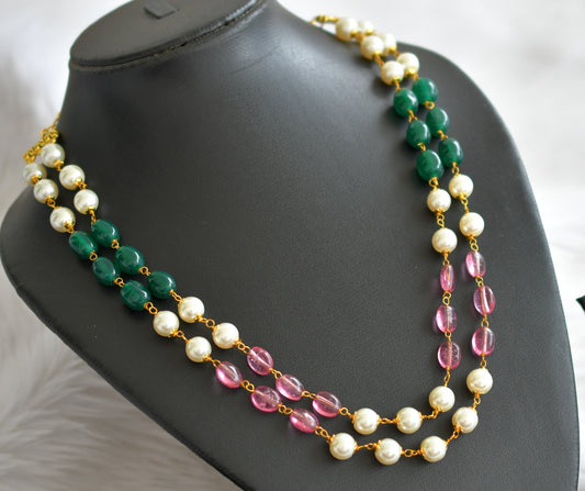 Gold tone pearl-green-pink beaded double layer mala dj-44354