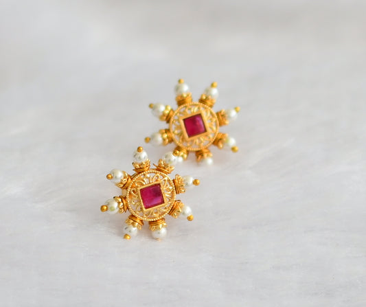 Gold tone pink stone pearl beaded round stud/earrings dj-46167