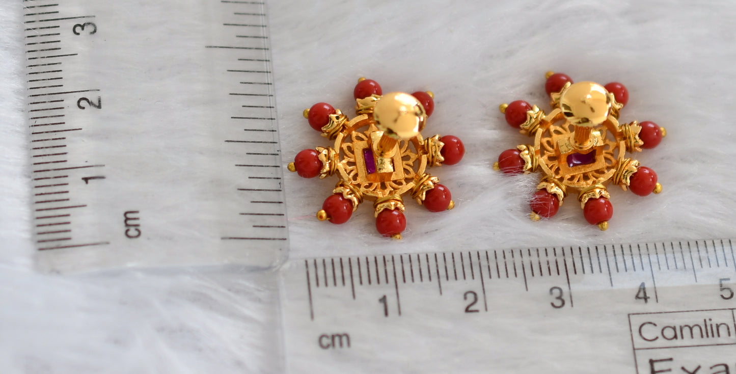 Gold tone pink stone coral beaded round stud/earrings dj-46168