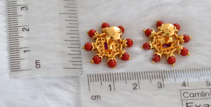 Gold tone pink stone coral beaded round stud/earrings dj-46168