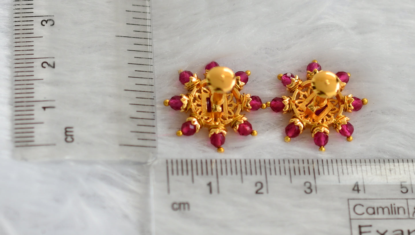 Gold tone pink stone beaded round earrings dj-46163
