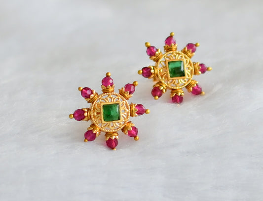 Gold tone green stone pink beaded round stud/earrings dj-46165