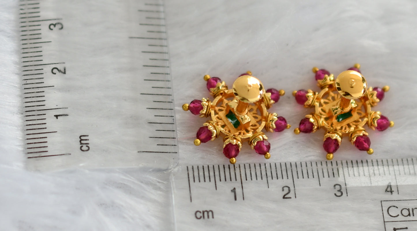 Gold tone green stone pink beaded round stud/earrings dj-46165