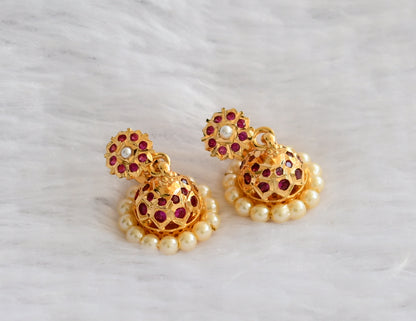Gold tone ad pink-pearl south indian jhumkka dj-46169