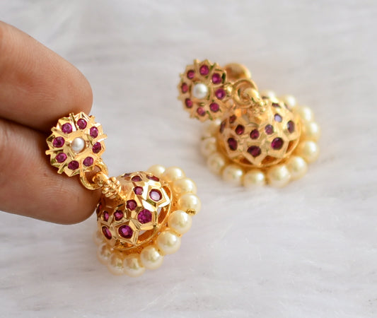 Gold tone ad pink-pearl south indian jhumkka dj-46169