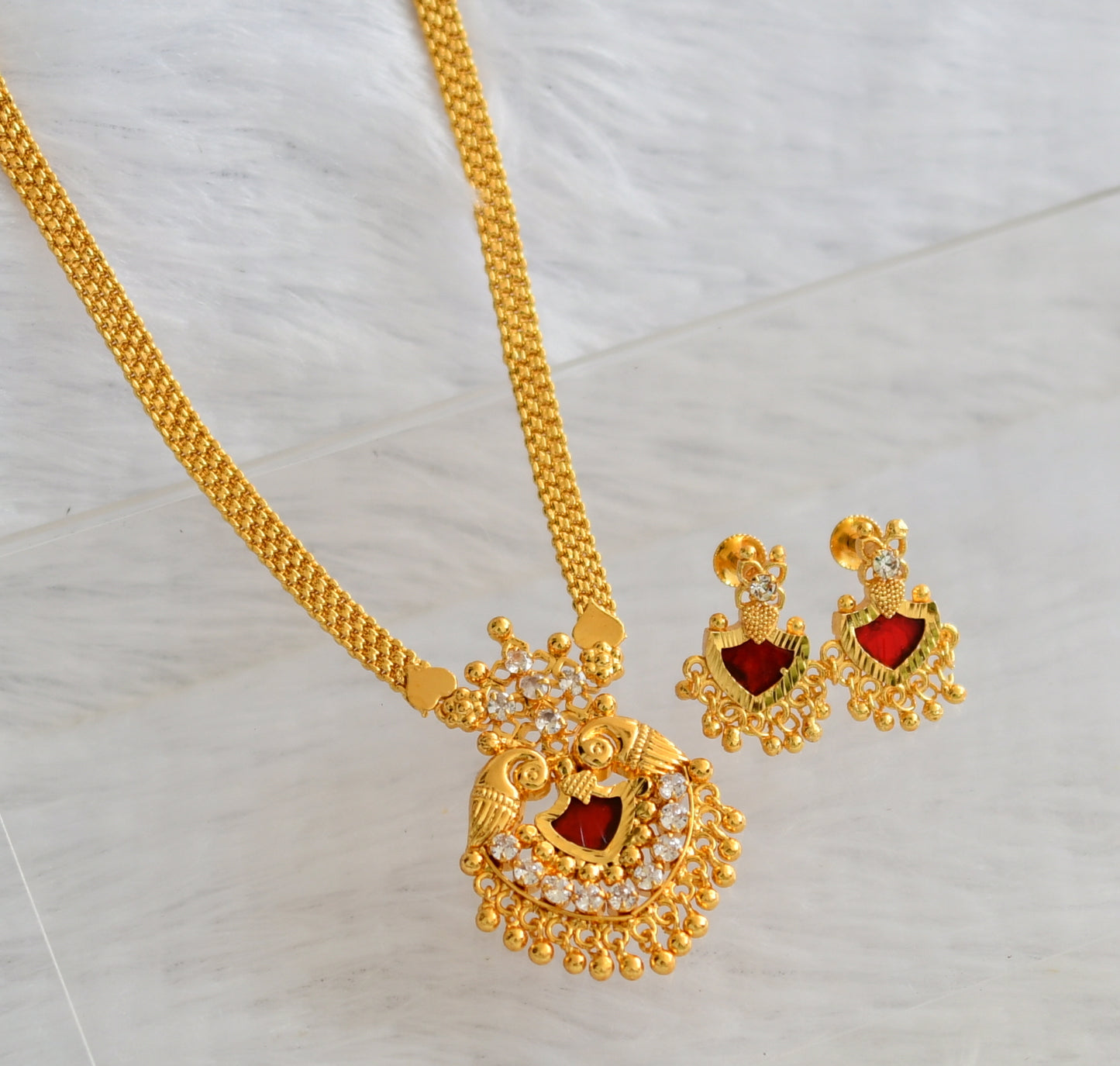 Gold tone white-red palakka peacock kerala style necklace set dj-46172