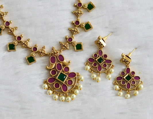 Matte finish ruby-emerald block stone pearl beaded necklace set dj-49694