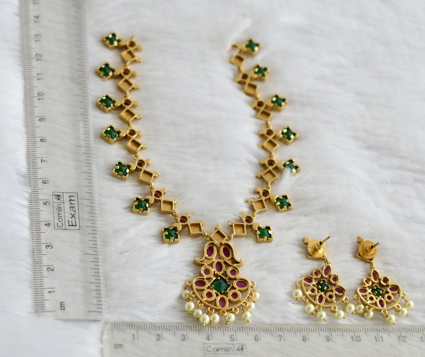 Matte finish ruby-emerald block stone pearl beaded necklace set dj-49694