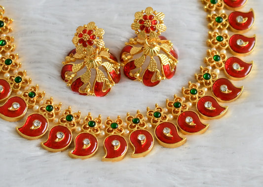 Gold tone red-green-white pearl mango necklace set dj-47766
