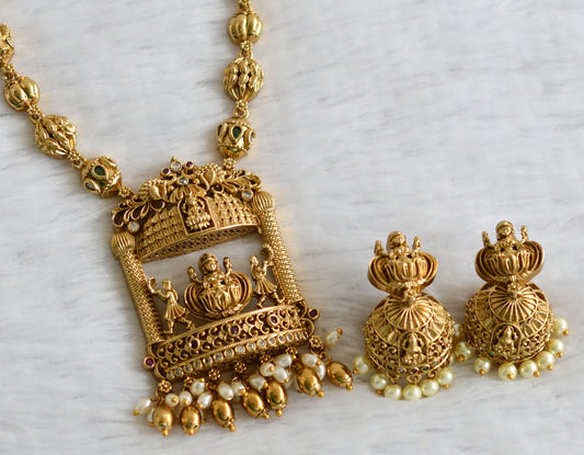 Matte finish ruby-green-white rice pearl lakshmi peacock necklace set dj-49705