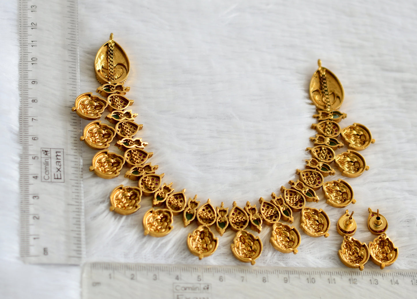 Matte finish ruby-white-sea green stone lakshmi peacock lotus necklace set dj-49703