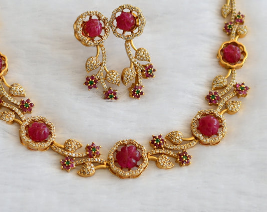 Matte finish ruby-green-white flower pumpkin bead necklace set dj-46192