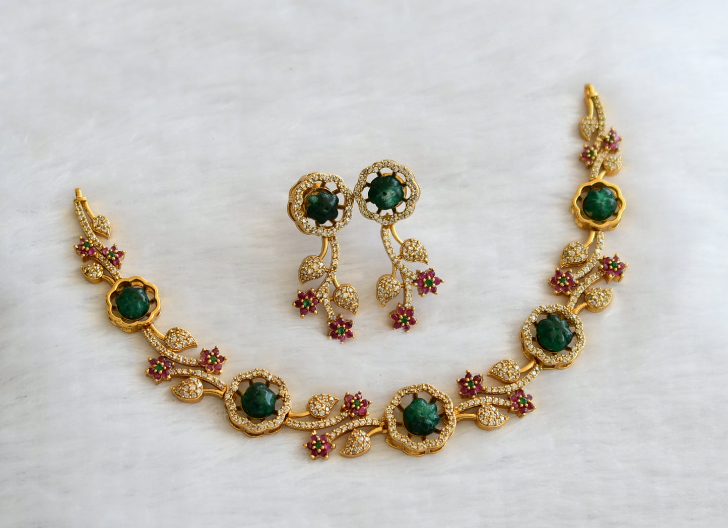 Matte finish ruby-green-white flower green pumpkin bead necklace set dj-46193