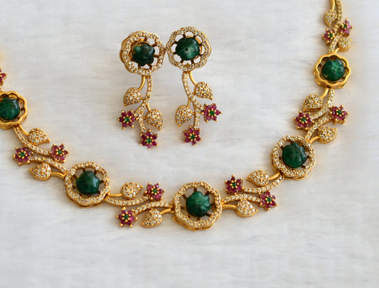 Matte finish ruby-green-white flower green pumpkin bead necklace set dj-46193