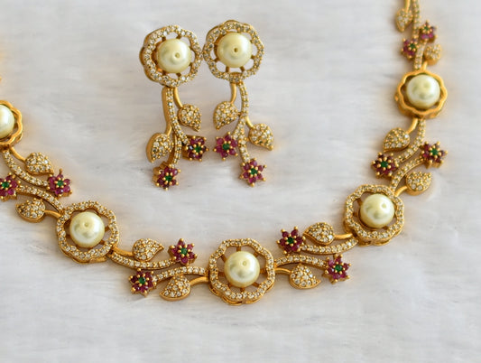 Matte finish ruby-green-white flower pearl bead necklace set dj-46195