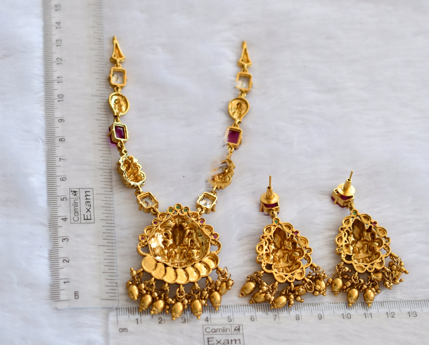 Antique gold tone ruby-green-white block stone lakshmi mango necklace set dj-46198