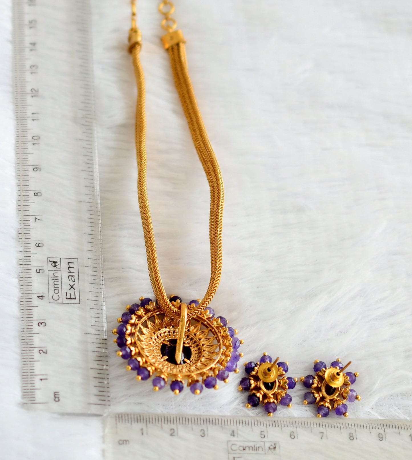 Matte finish purple oval stone necklace set dj-49700