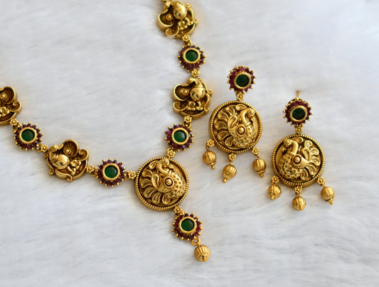 Antique gold tone ruby-green peacock flower necklace set dj-46202
