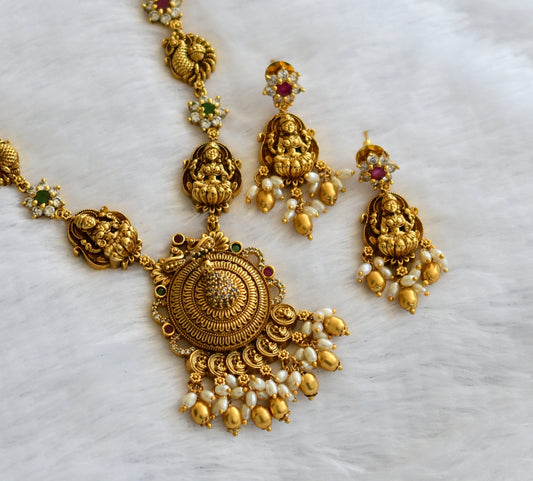 Antique gold tone ruby-green-white peacock lakshmi rice pearl necklace set dj-46203