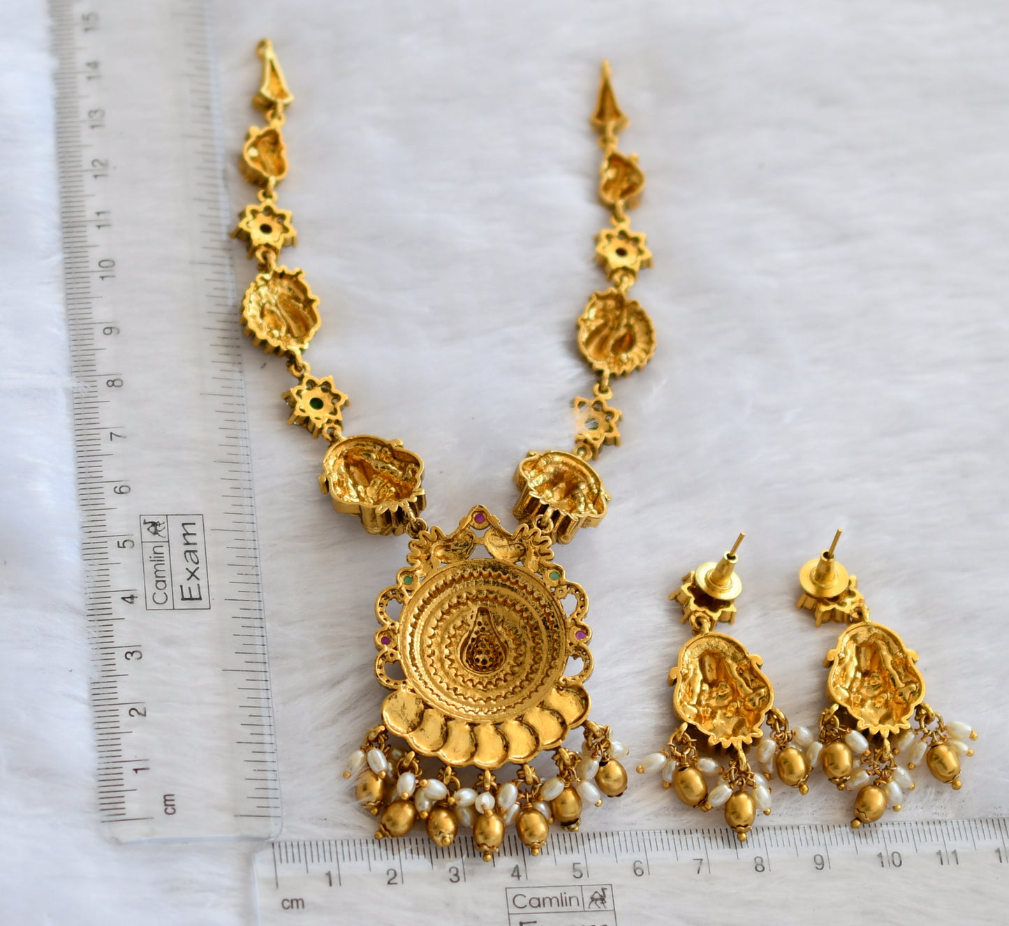 Antique gold tone ruby-green peacock lakshmi rice pearl necklace set dj-46205