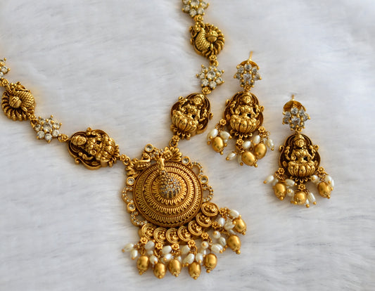 Antique gold tone cz white peacock lakshmi rice pearl neckace set dj-46204