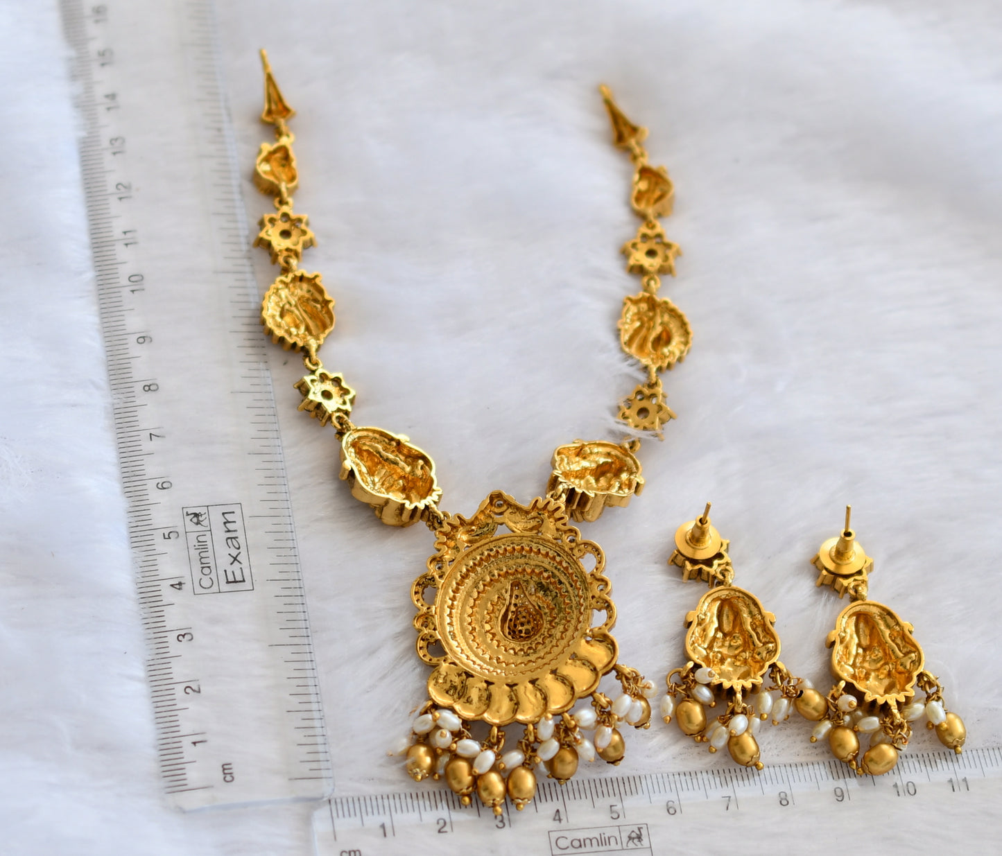 Antique gold tone ruby-green peacock flower necklace set dj-46202