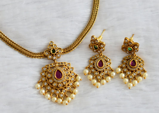 Matte finish ruby-green pearl necklace set dj-49725