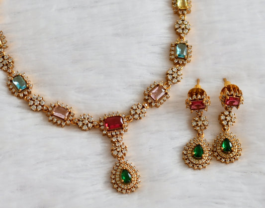 Matte finish cz-multi color block stone necklace set dj-49723