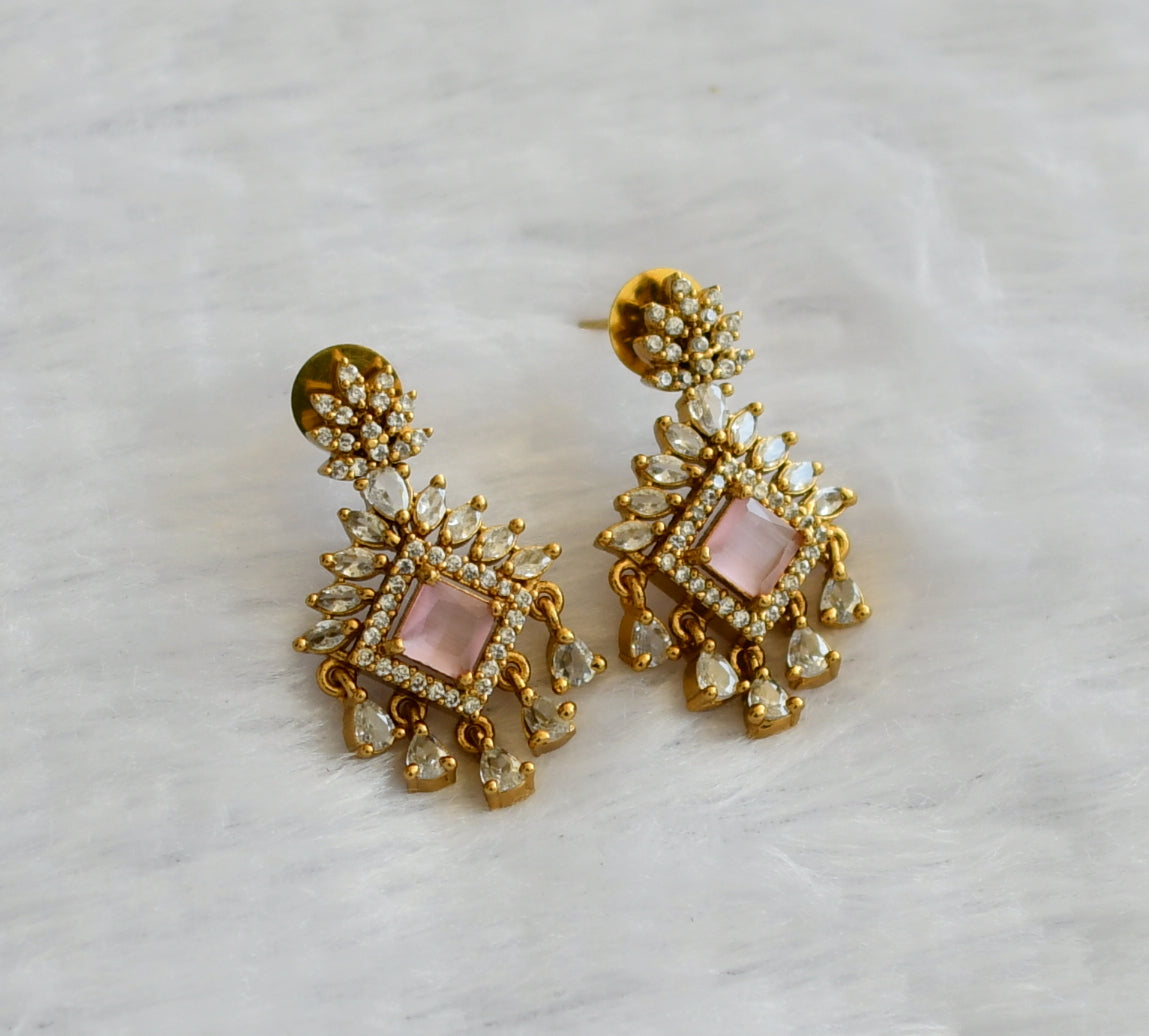 Matte finish cz baby pink-white block stone earrings dj-46182