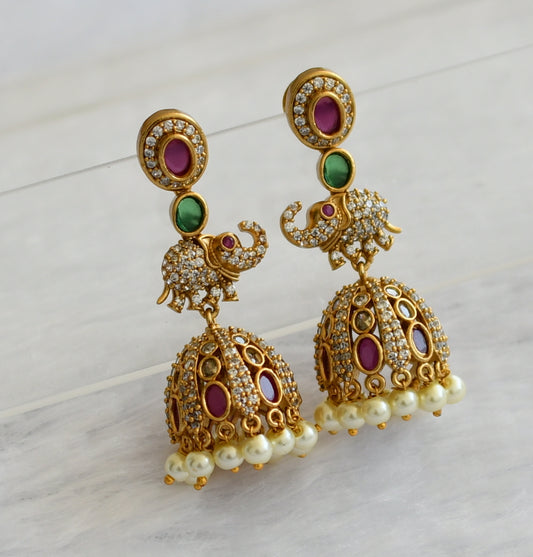 Matte finish cz ruby-green-white elephant jhumkka dj-46186