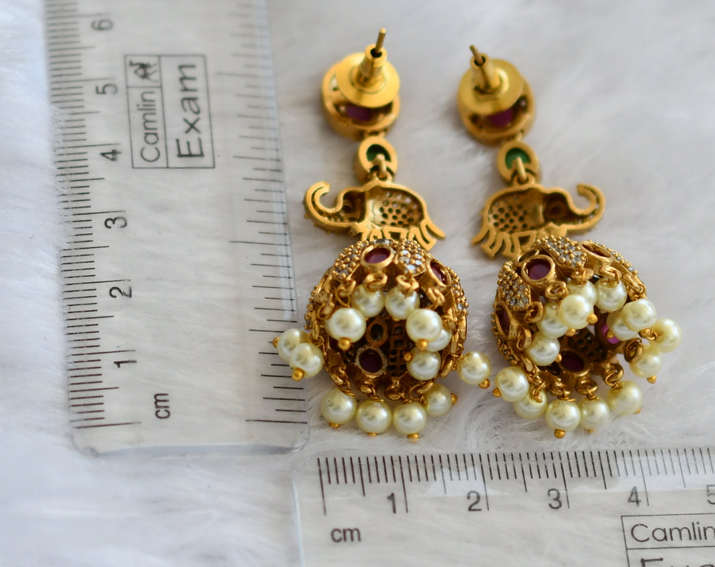 Matte finish cz ruby-green-white elephant jhumkka dj-46186