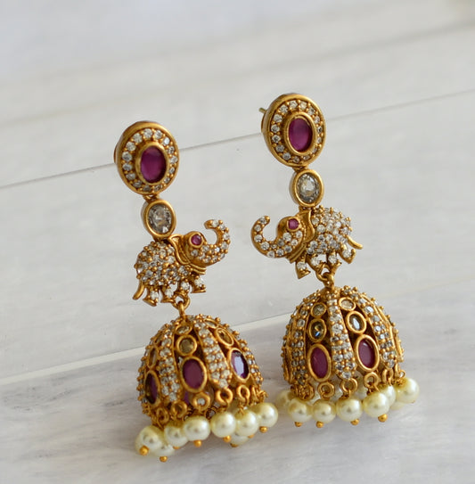Matte finish cz ruby-white elephant jhumkka dj-46185
