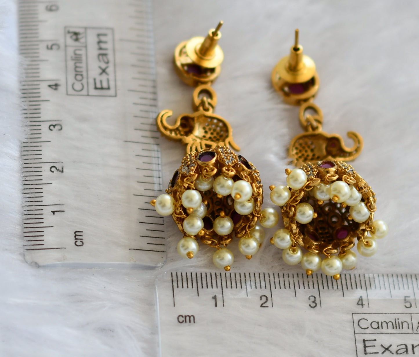 Matte finish cz ruby-white elephant jhumkka dj-46185