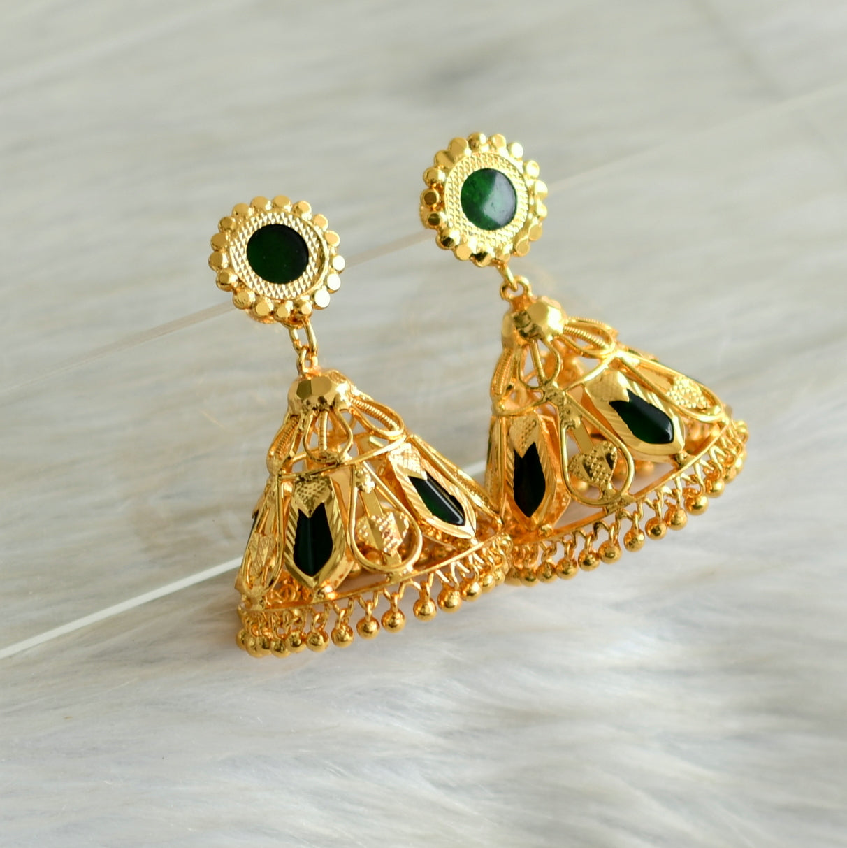 Gold tone green nagapadam petal jhumkka dj-42933 – dreamjwell